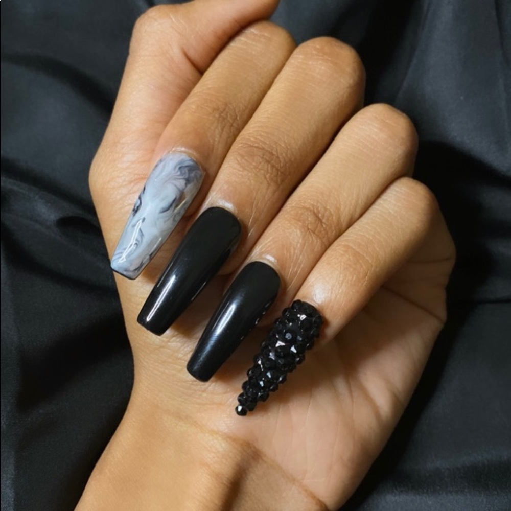 Long black and marble with stiletto pinky press on nails
